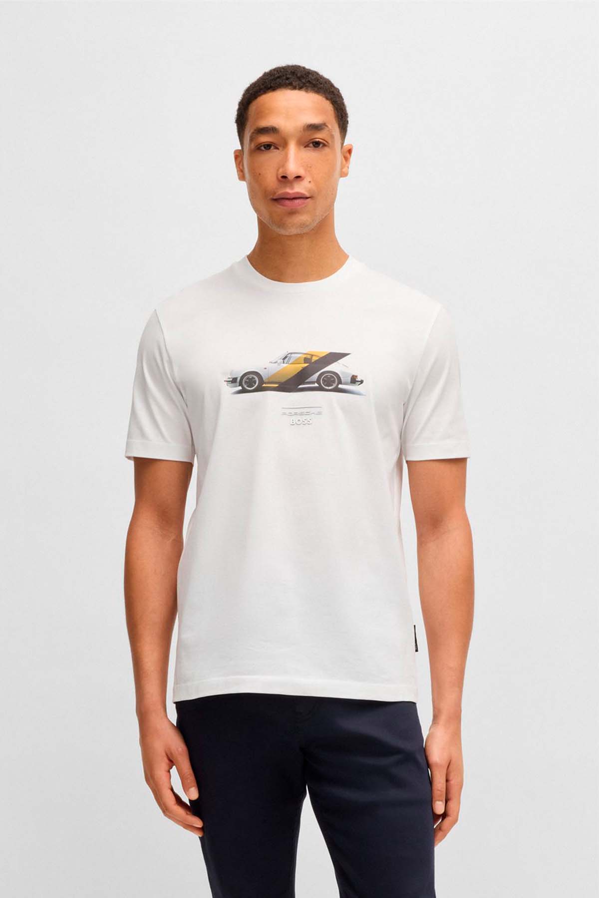 Camiseta Porsche x BOSS de algodón mercerizado con detalle de la colaboración