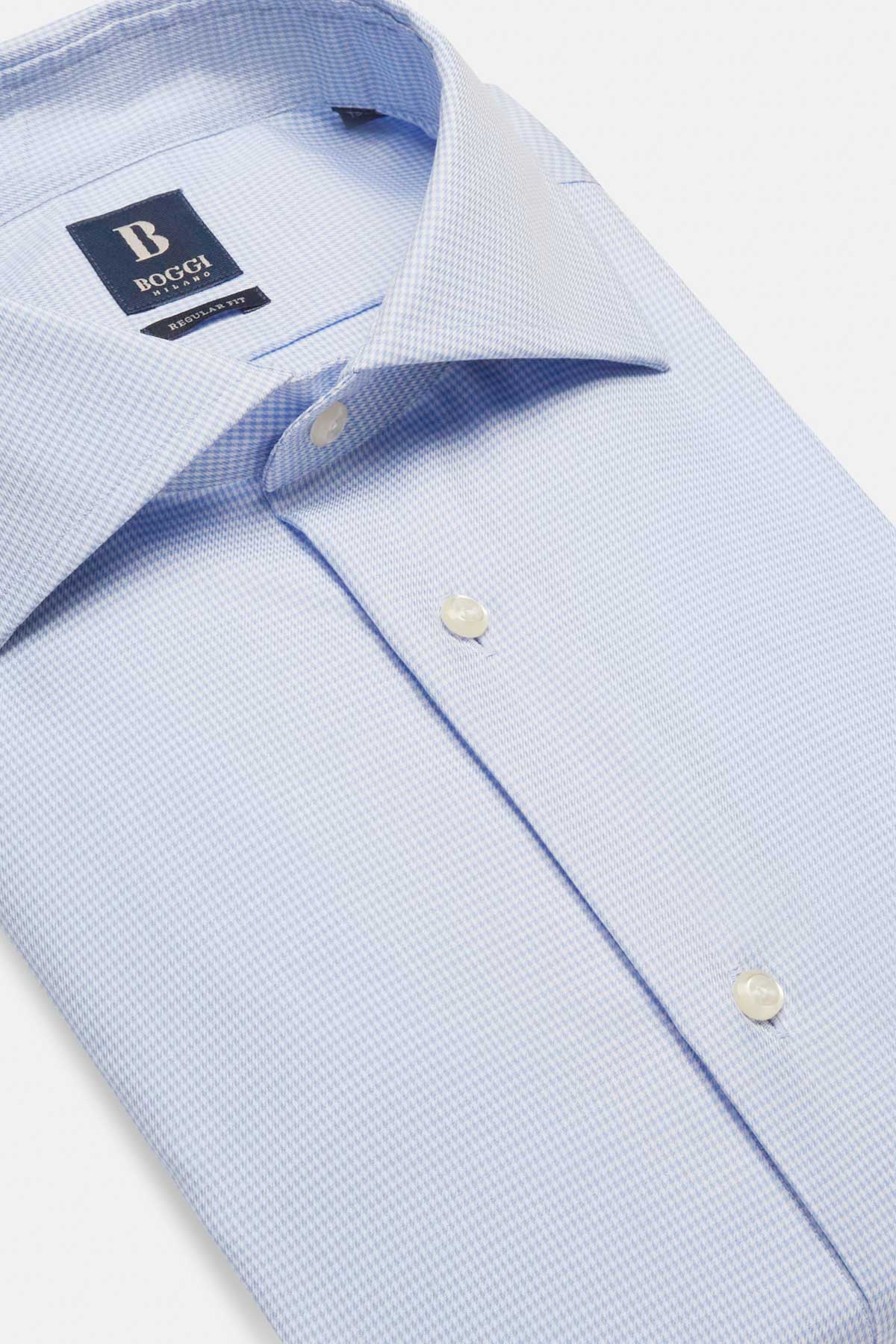 Camisa Celeste De Pata de Gallo De Algodón Regular