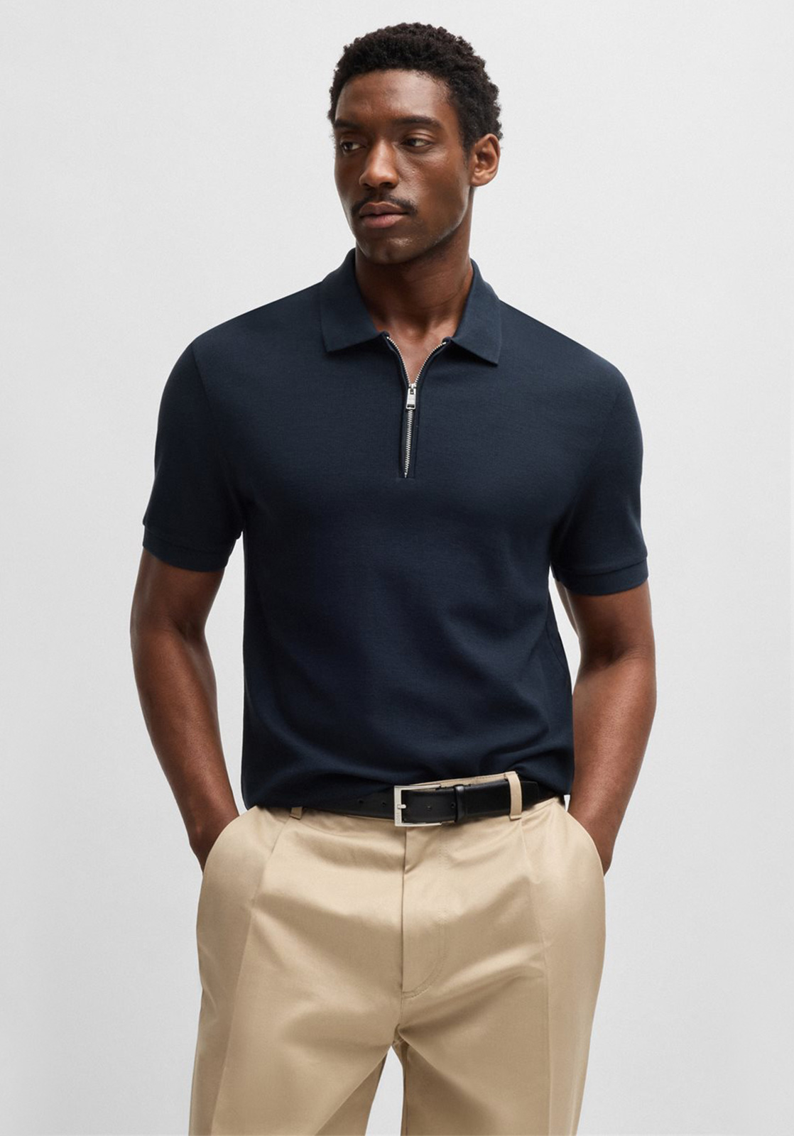 Polo De Punto Con Cuello Con Cremallera Y Estructura De Rejilla