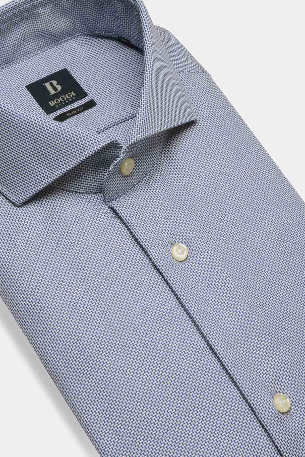 Camisa Azul De Algodón Dobby Corte Slim image number 3