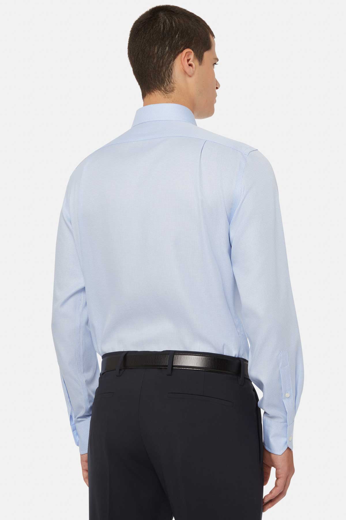 Camisa Celeste De Pata de Gallo De Algodón Regular
