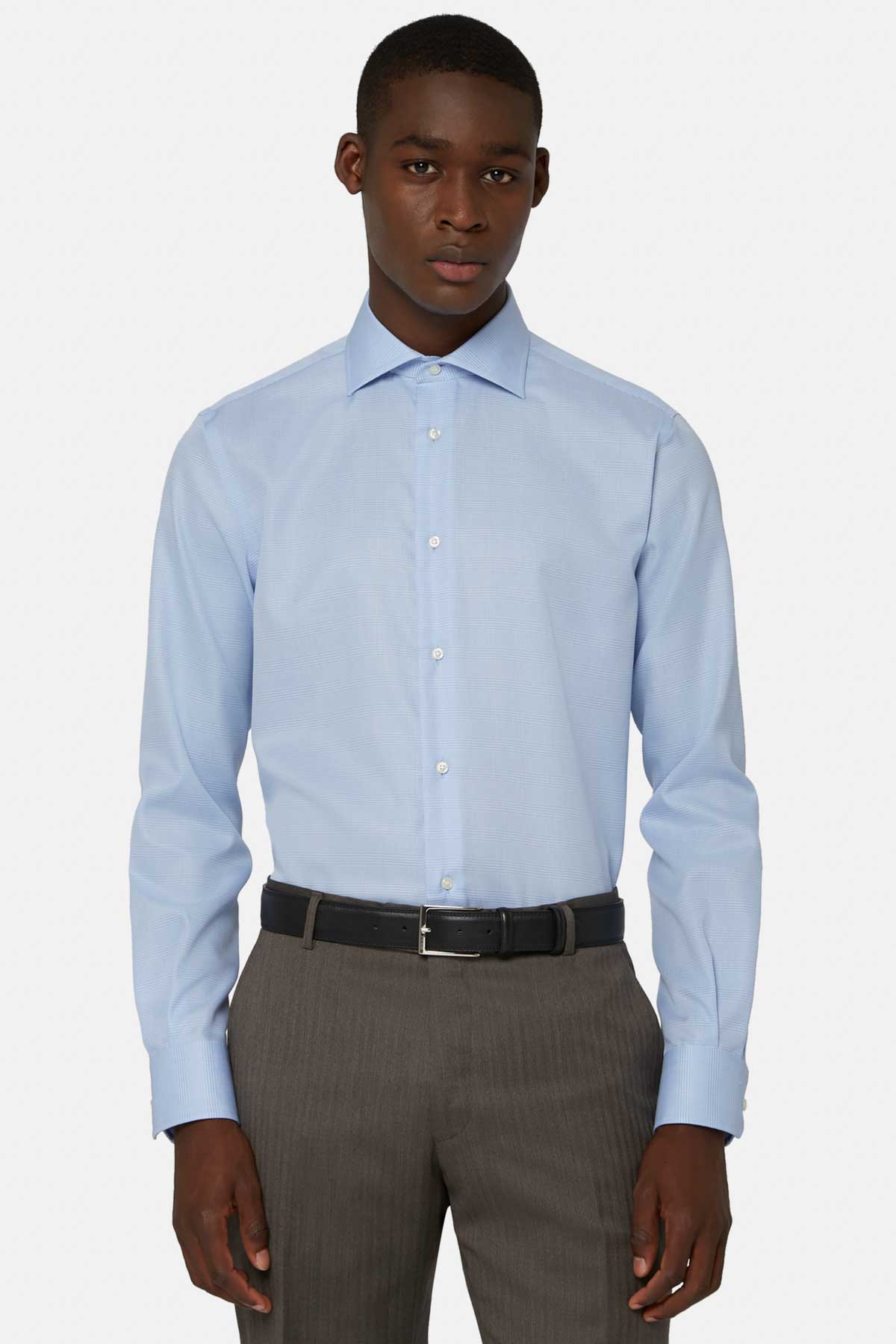 Camisa Celeste De Algodón Príncipe De Gales Corte Regular image number 0