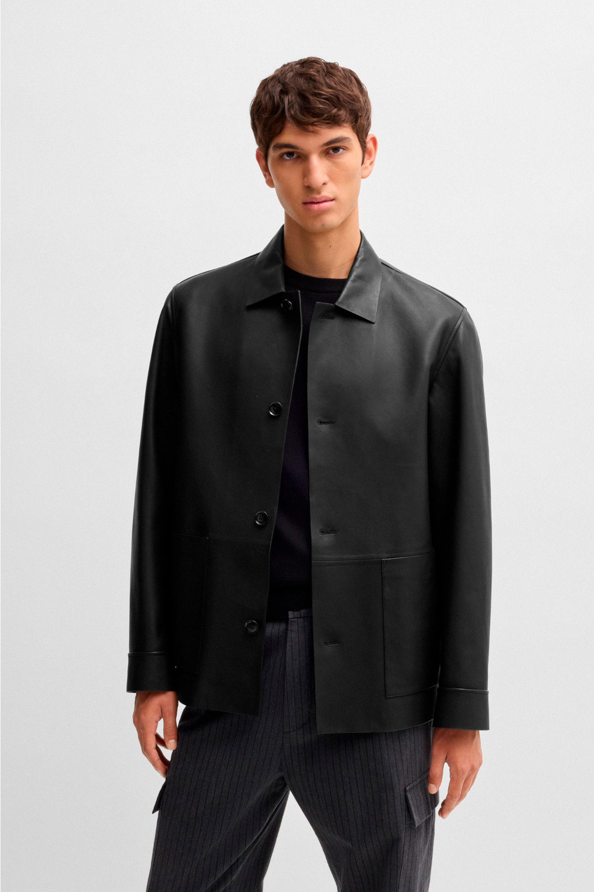 Chaqueta Regular Fit De Piel De Napa Con Cierre De Botones