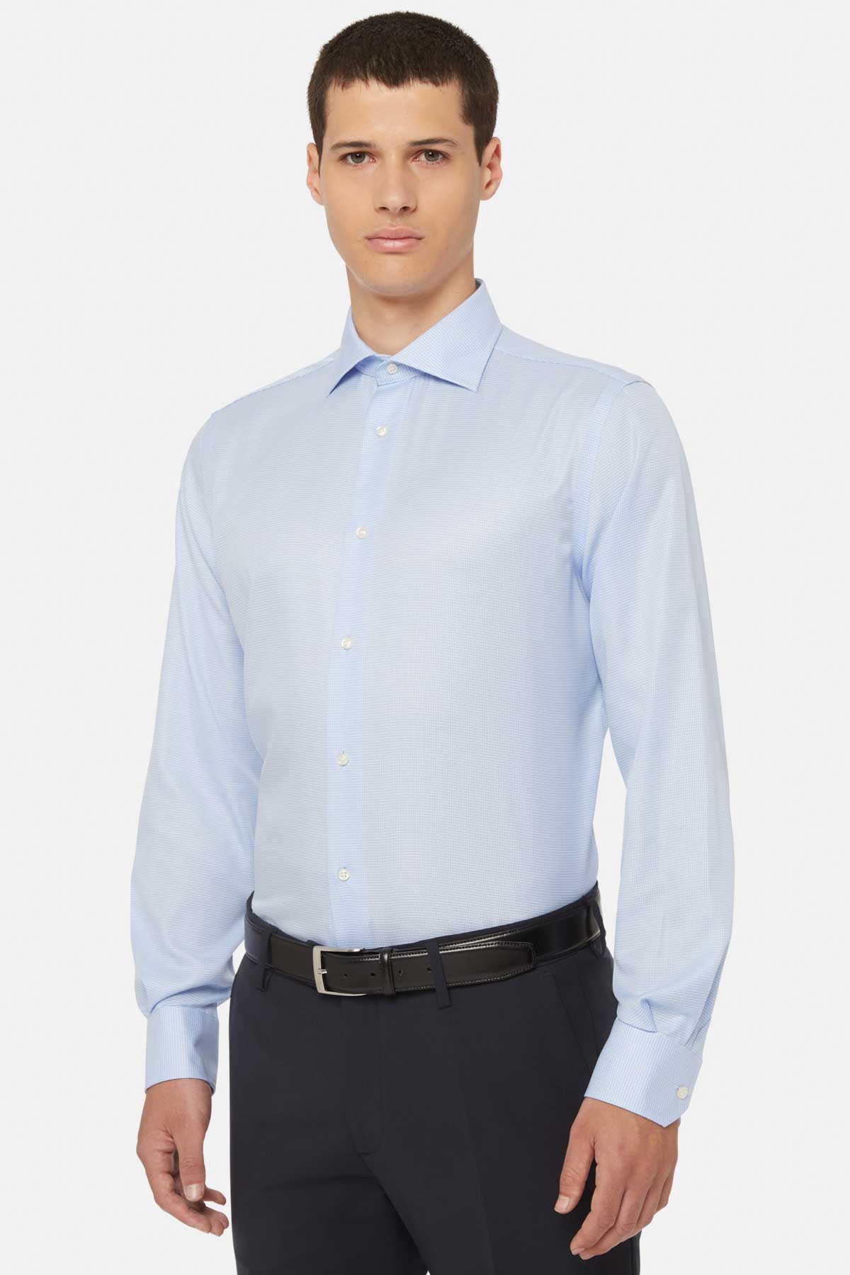 Camisa Celeste De Pata de Gallo De Algodón Regular