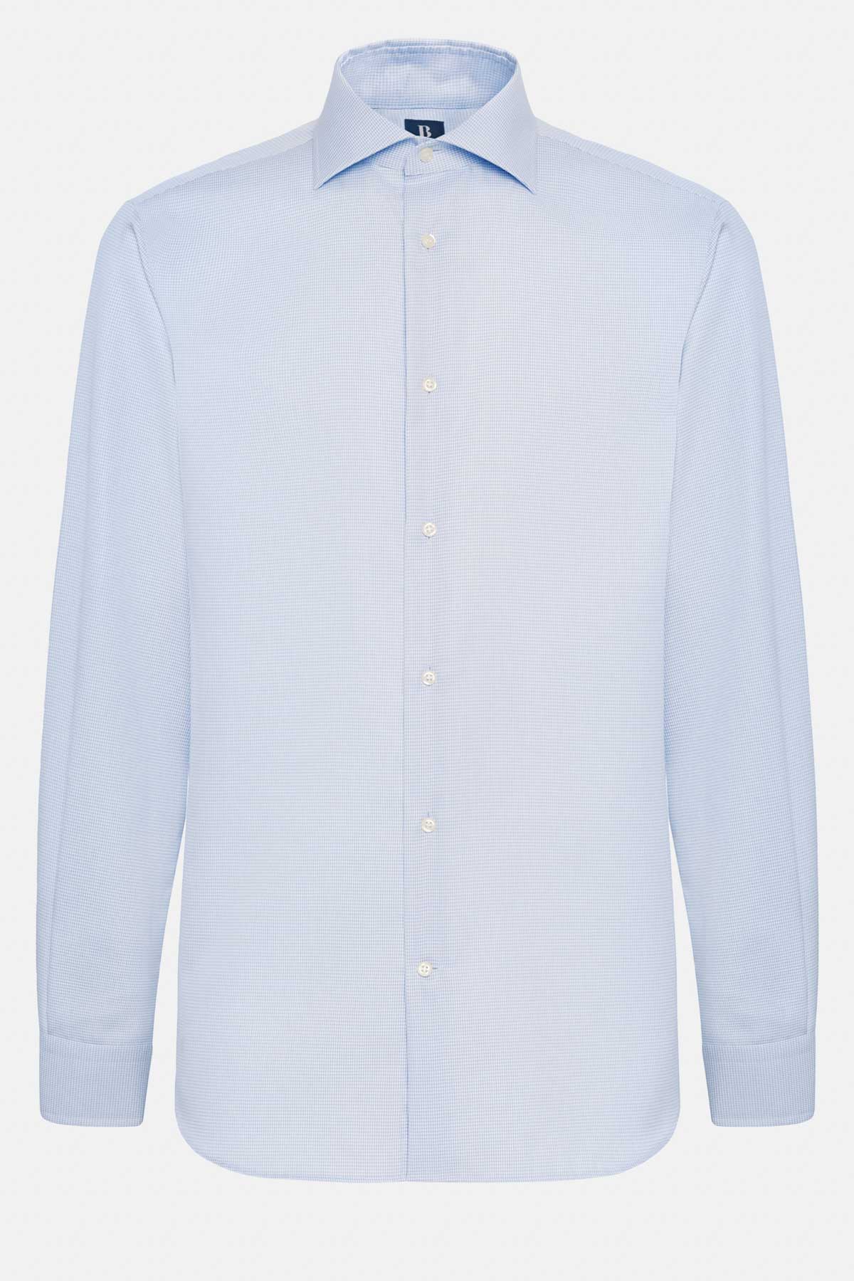 Camisa Celeste De Pata de Gallo De Algodón Regular